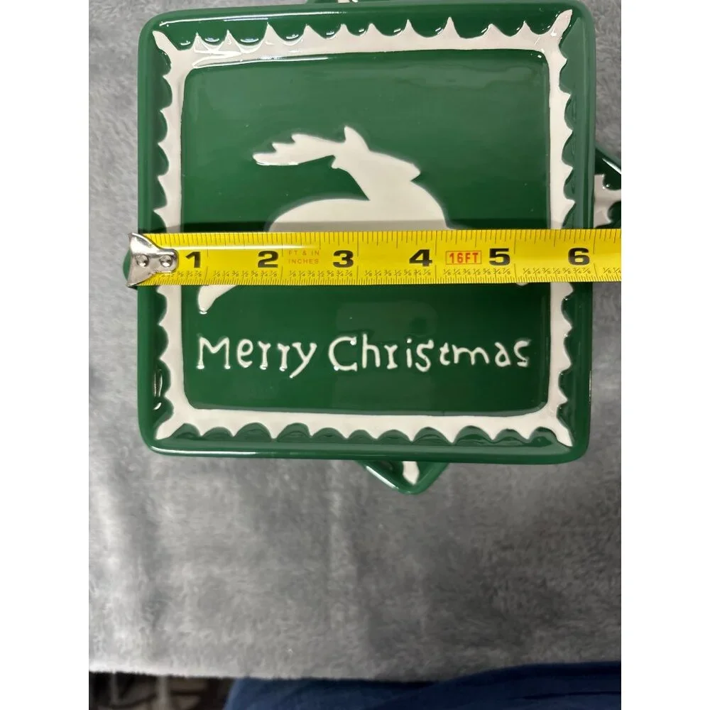 Ceramic Green Square Dessert Plate Reindeer Merry Christmas Holiday Rudolph - 6